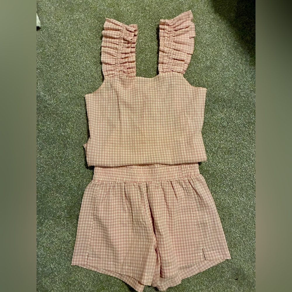 Pink Gingham Ruffle Strap Top and Shorts Set